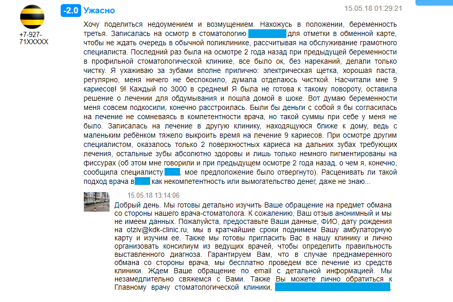 Оперативный ответ клиники на негативный отзыв